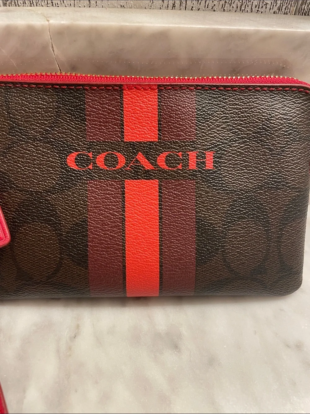 Sharp Coach Brown and Red Signature Wristlet with Red Stripe and Red Strap